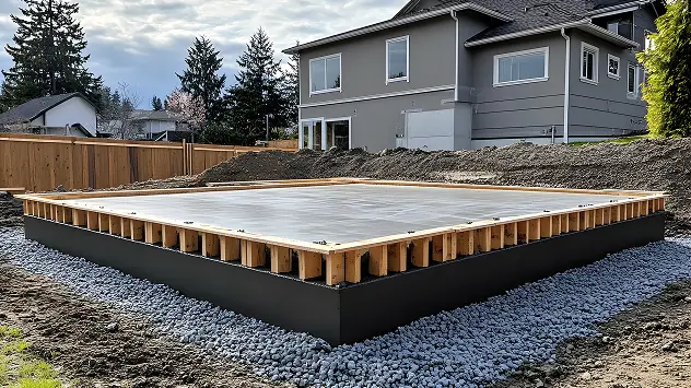 Slab basement work can be seen with a smooth, uniform concrete surface. The structure of a house can be seen in the background.
